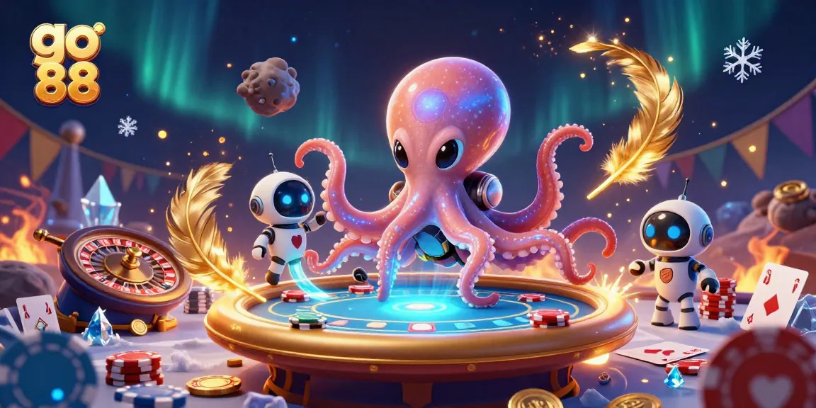 Engage in the thrilling go 88 casino action featuring an octopus playing poker amidst vibrant cosmic elements.