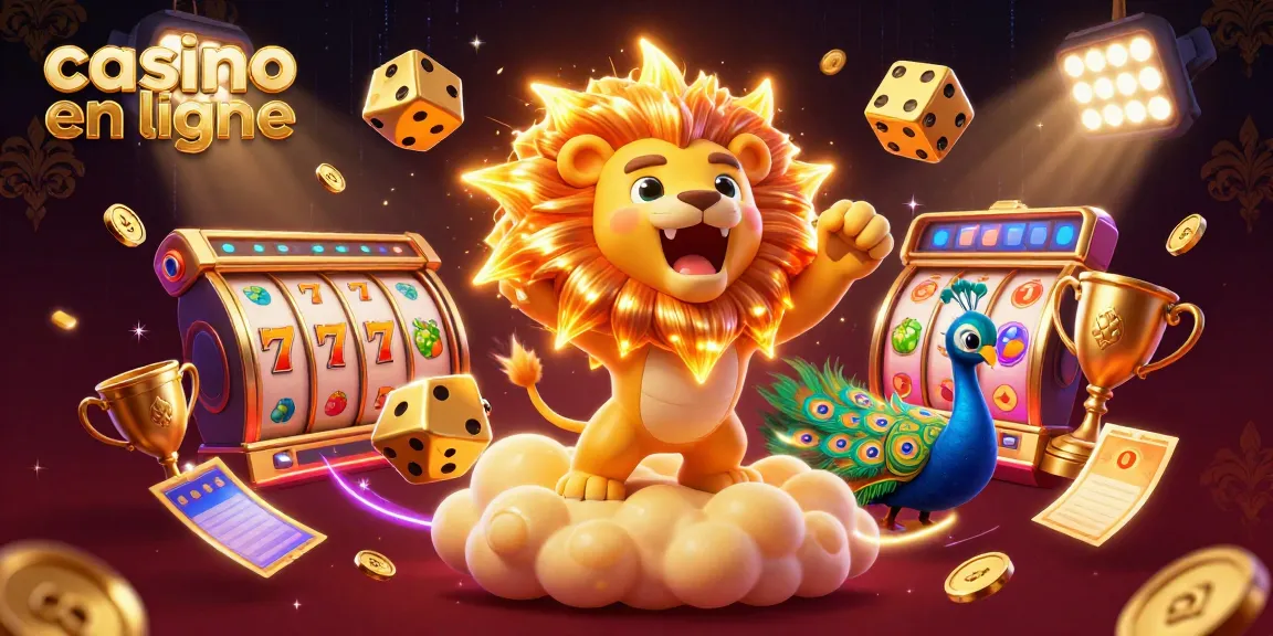 Jouez au casino en ligne avec des rouleaux de machines à sous, un lion emblématique et des dés d'or.