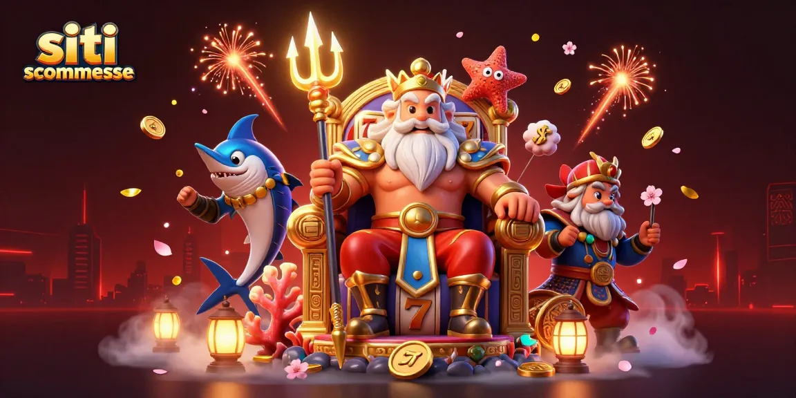 Illustrazione 3D del re Nettuno per i siti scommesse che gioca con slot, effettui scommesse sicure e vincenti.