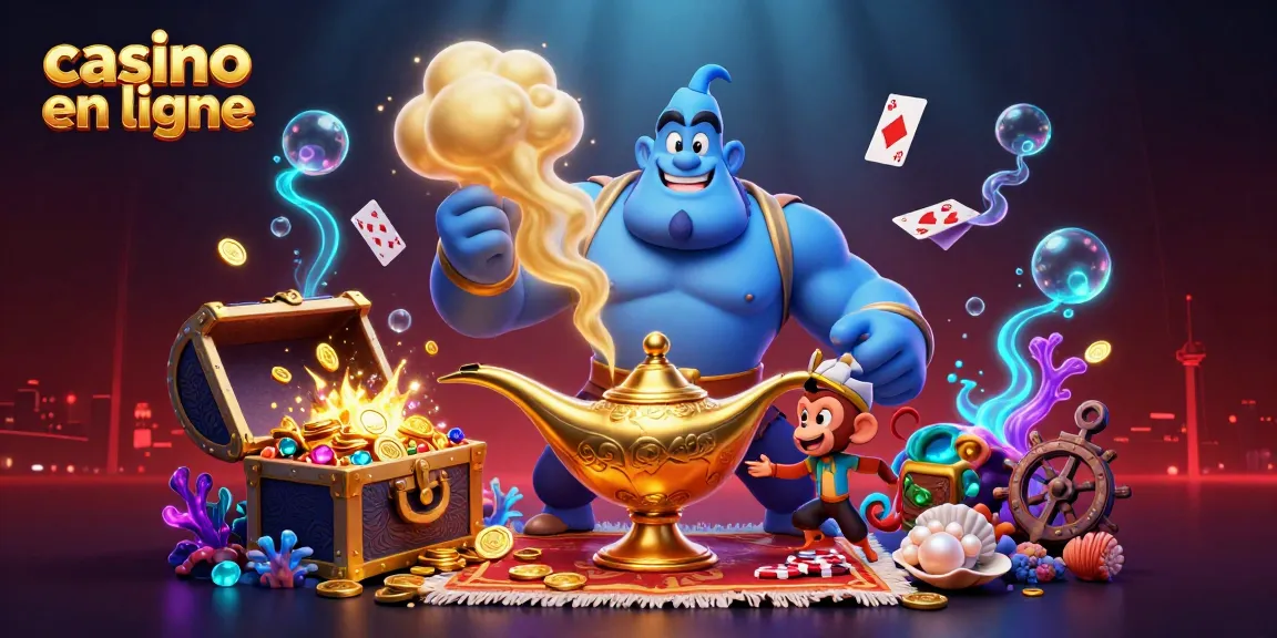 Illustration dynamique de casino en ligne avec un génie et des cartes, évoquant des gains