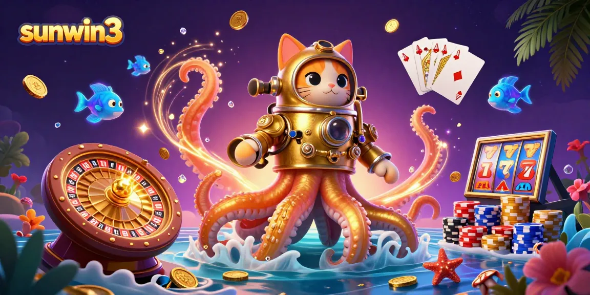 Experience sunwin3 adventure with a colossal kraken and diving cat amidst sparkling casino elements.