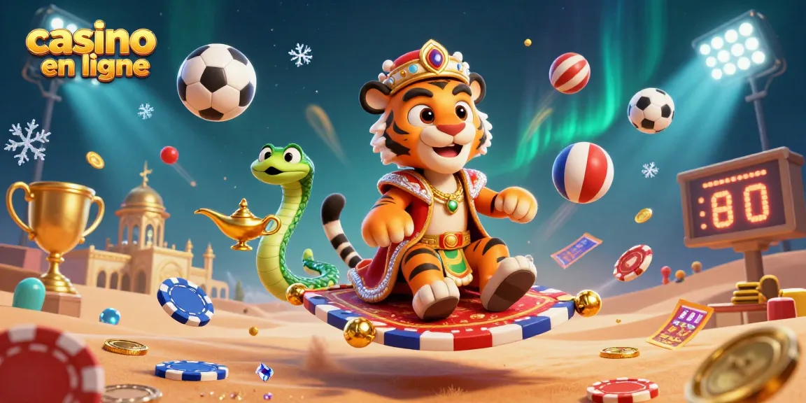 Découvrez les animations captivantes d'un casino en ligne avec un sultan en 3D et des éléments sportifs.