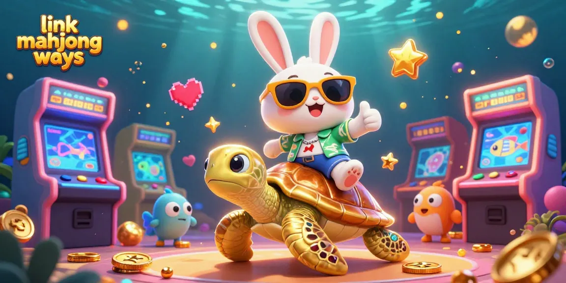 Engage with link mahjong ways through vibrant casino action illustrated by a joyful rabbit and sea turtle.