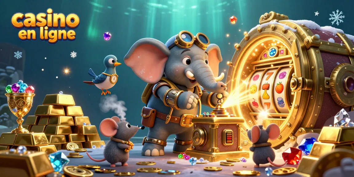 Gagnez avec le casino en ligne grâce à une illustration 3D riche en détails avec éléphant steampunk et machines à sous.