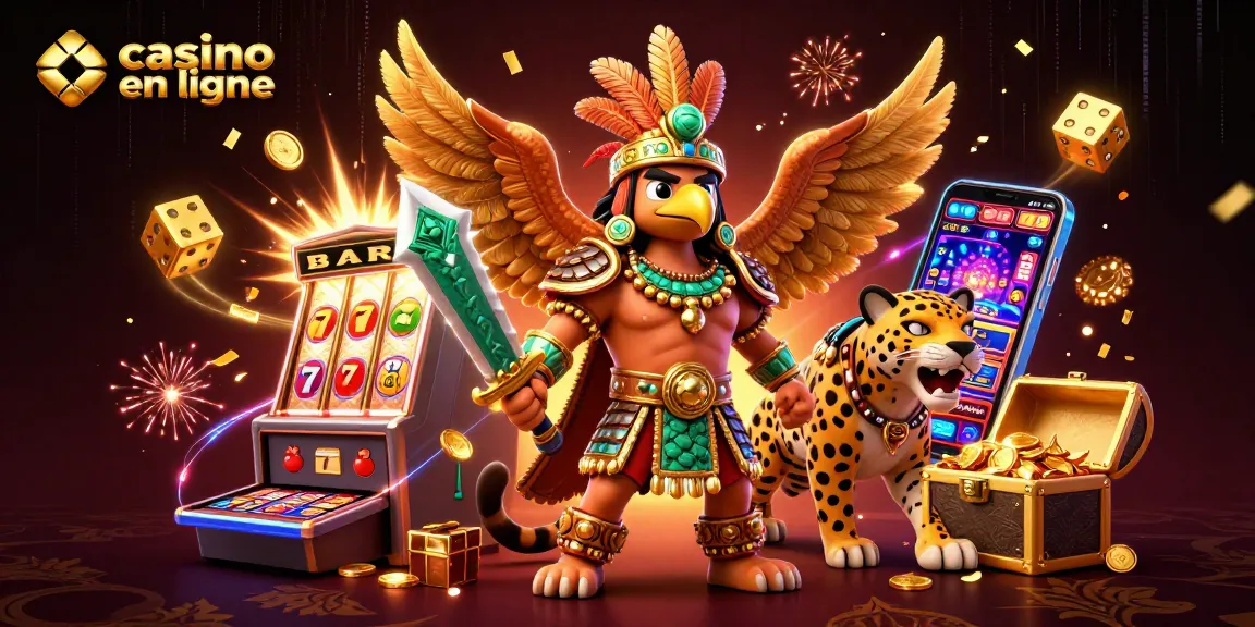 Jouer à des jeux de casino en ligne sur une machine à sous avec le casino en ligne en arrière-plan et des personnages animés.