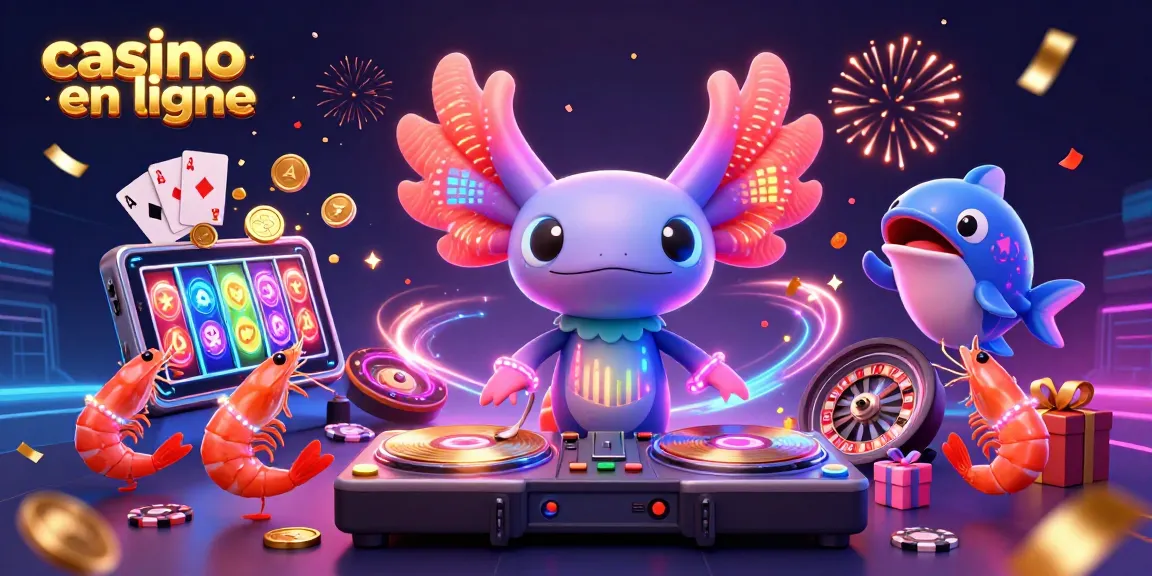 Jouez au casino en ligne avec un DJ axolotl dynamique entouré de personnages festifs et d'éléments de jeu.