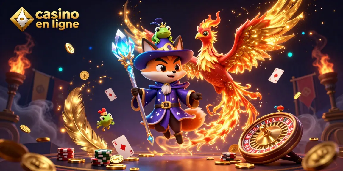 Illustration dynamique d'un casino en ligne avec un renard magicien, un phénix et des jetons de jeu.