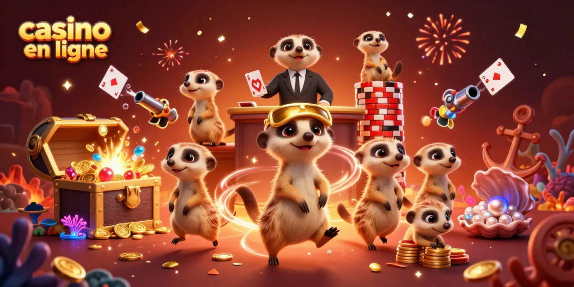 Illustration dynamique de suricates gérant un casino en ligne avec des éléments de jeu vibrants.