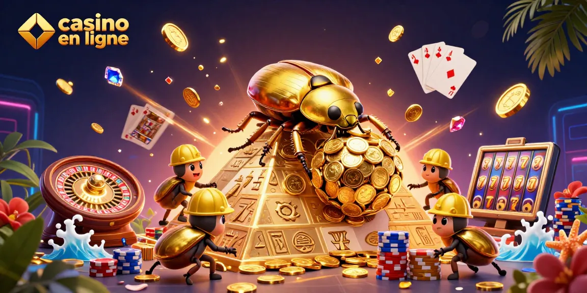 Plongez dans le monde du casino en ligne avec une illustration captivante montrant un scarabée doré roulant des pièces.