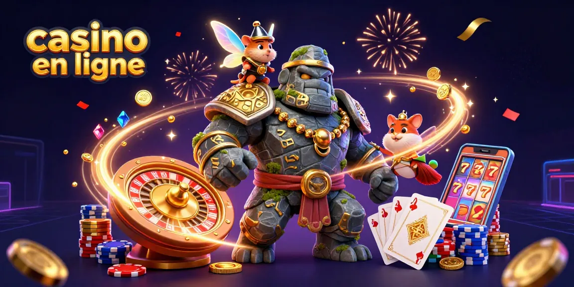 Découvrez une scène captivante de casino en ligne avec un golem, une fée et un hamster chevalier.