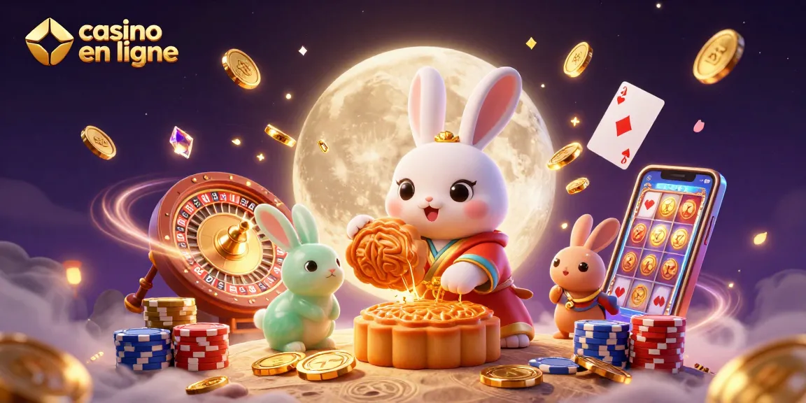 Le casino en ligne en fête avec un lapin de lune et des accessoires de jeu vibrants.