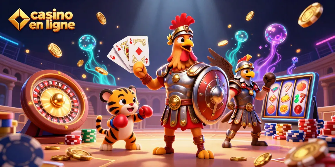Jouez en ligne dans un casino en ligne avec des personnages animés symboliques parmi des pièces dorées et des machines à sous.