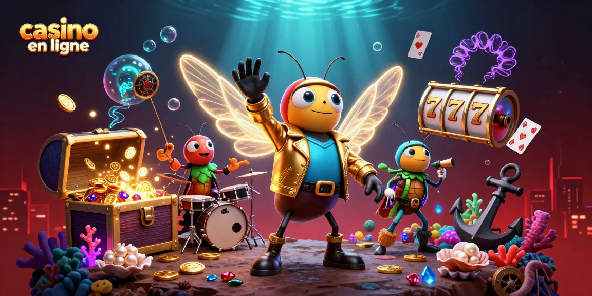 Jouez à casino en ligne avec cette illustration 3D captivante de personnages animés et éléments de jeu.