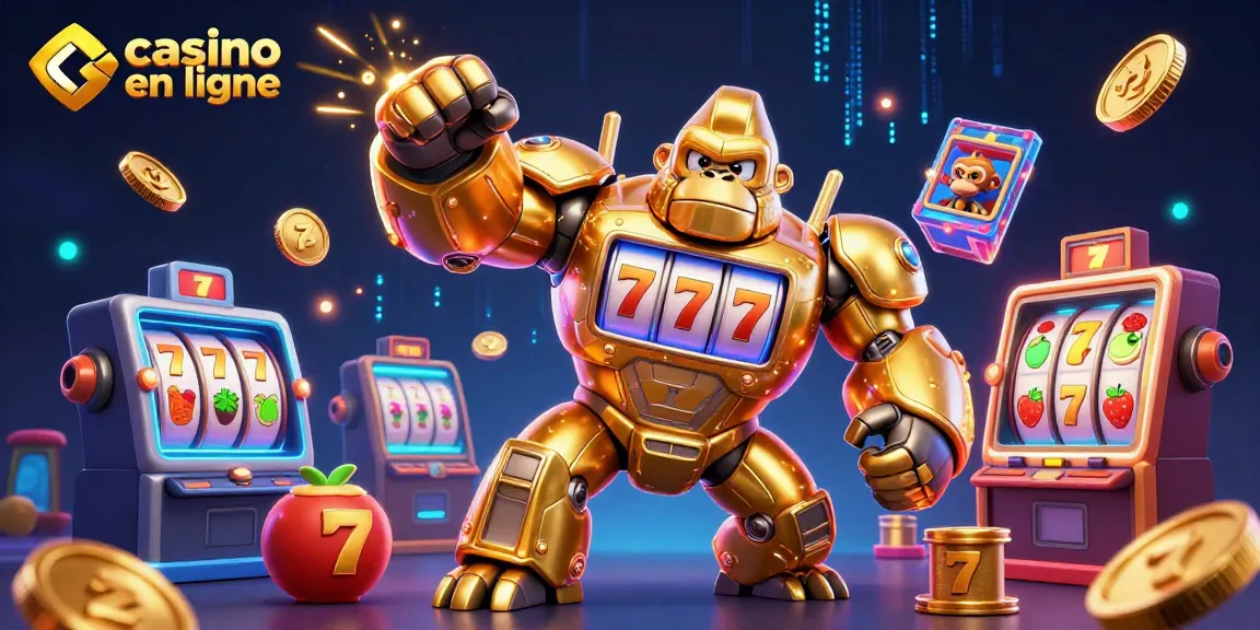 Expérience immersive de casino en ligne avec un gorilla mech et des éléments de jeu.