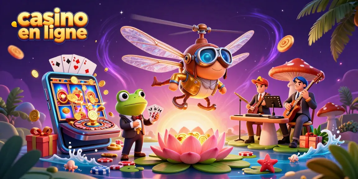Une illustration colorée de casino en ligne représentant un pilote libellule et un croupier, avec des jetons et un smartphone