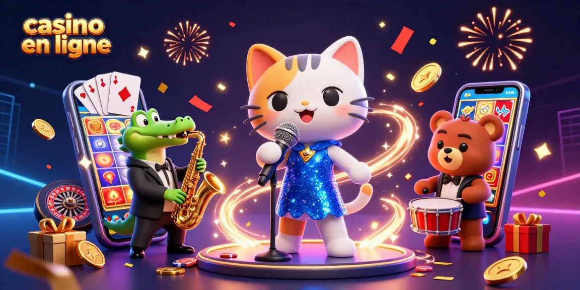 Animation dynamique d'un casino en ligne avec une chanteuse et des jeux de hasard captivants.
