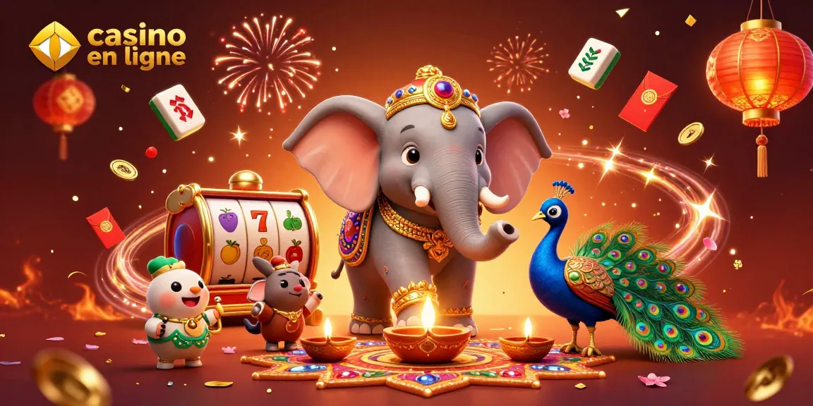 Jouer au casino en ligne avec un éléphant et un paon sous des feux d'artifice colorés.