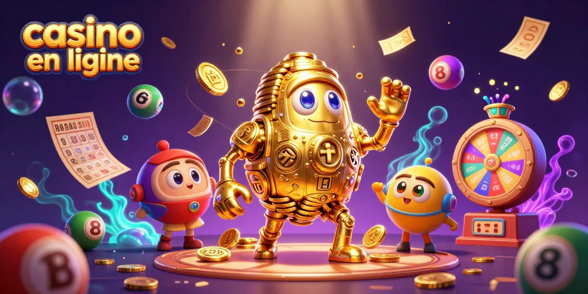 Jouez sur un casino en ligne entouré de symboles de jeux et de gains étincelants.