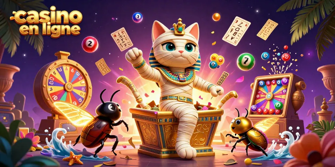 Illustration de casino en ligne avec un chat momie égyptien et des éléments de loterie colorés