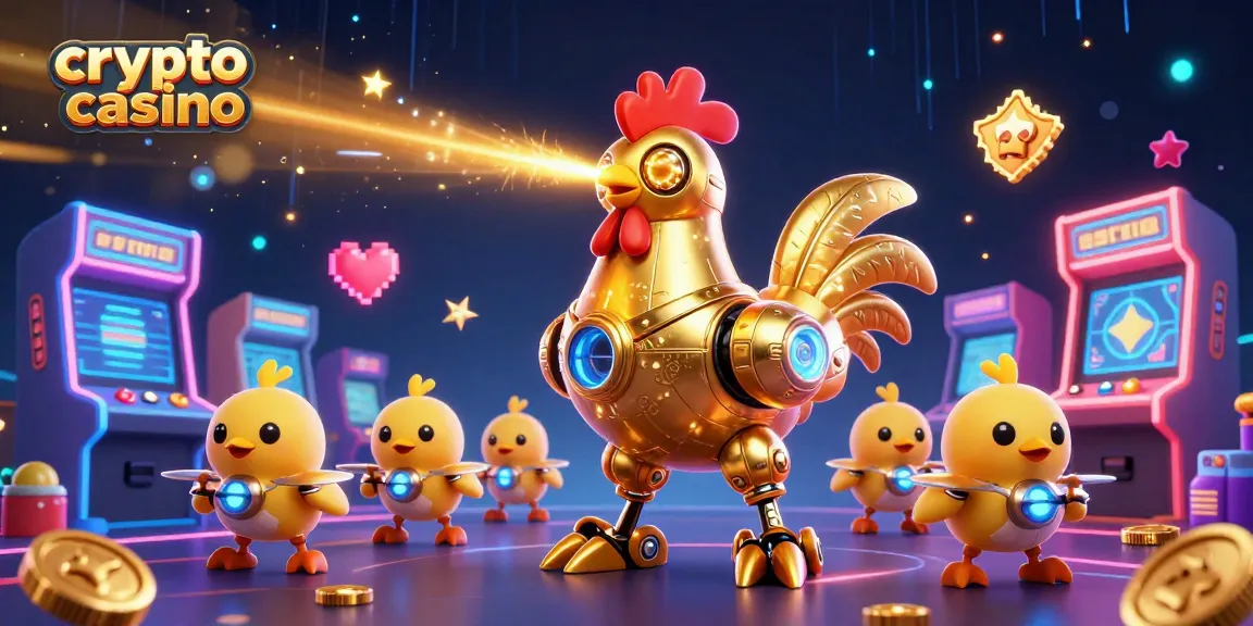 Giocando nel crypto casino, un robot galletto oro retro-futuristico spara laser mentre baby drone pulcini lo seguono.