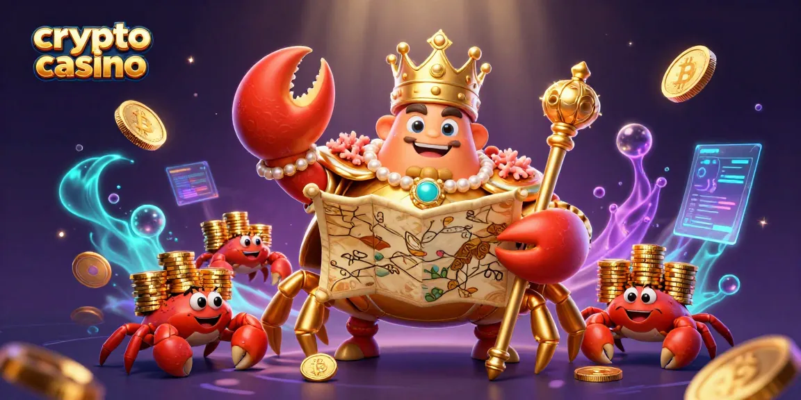 Apprenez le crypto casino avec un crabe impérial doré et des éléments de blockchain flottants.