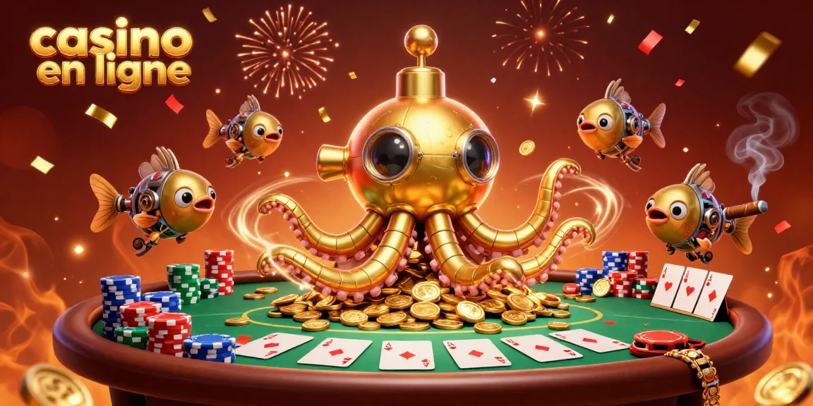 Gagnez en jouant au casino en ligne avec une scène festive de kraken et jeux de poker.