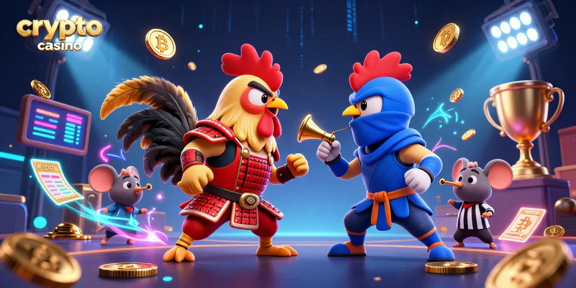 Illustration animée représentant un crypto casino avec des éléments de jeu dynamiques et des personnages colorés.