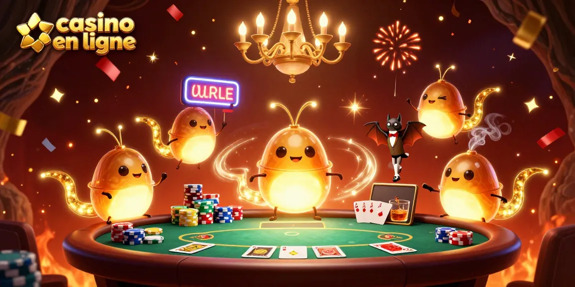 Photographie d'une scène ludique dans un casino en ligne, avec des personnages lumineux et une ambiance festive.