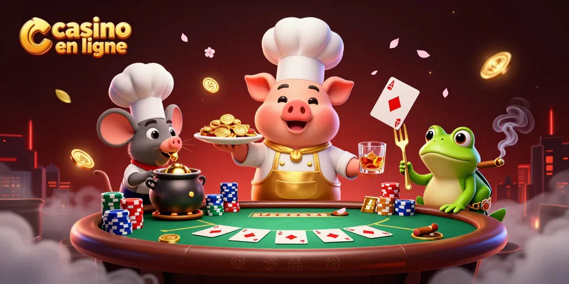Une illustration de casino en ligne avec un chef cochon et des personnages de jeu entourés de pièces d'or.
