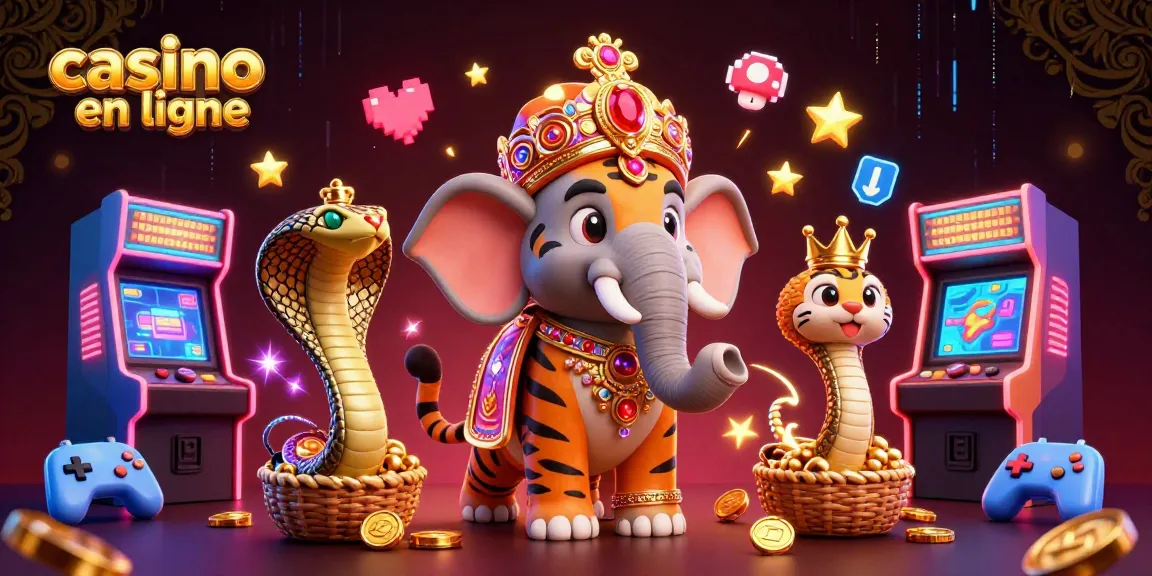 Jeu de casino en ligne animé, tigre maharaja sur un éléphant, ambiance festive.