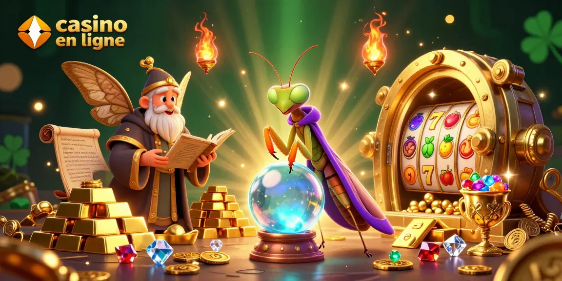 Il s'agit d'une illustration dynamique représentant un casino en ligne avec un criquet voyant et un papillon, entourés de joyaux et de roulettes.