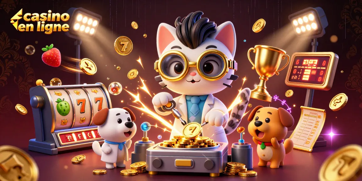 Plongez dans l'univers du casino en ligne avec un chat fou et son chien assistant au milieu de machines à sous animées.