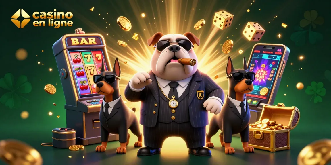 Visualisez le casino en ligne avec un bulldog mafieux et ses gardes du corps, à côté d'une machine à sous prospère.