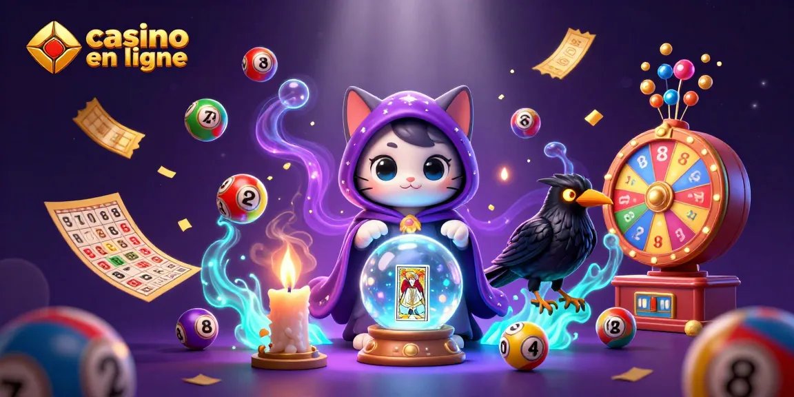 Jouez à un casino en ligne avec une illustration mystique de chance portée par un chat et un corbeau.