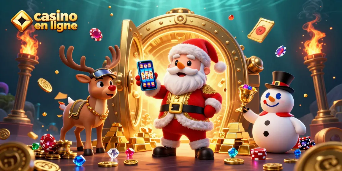 Jouez aux machines à sous en ligne dans un casino en ligne avec un Père Noël joyeux et ses amis dans une scène dynamique.
