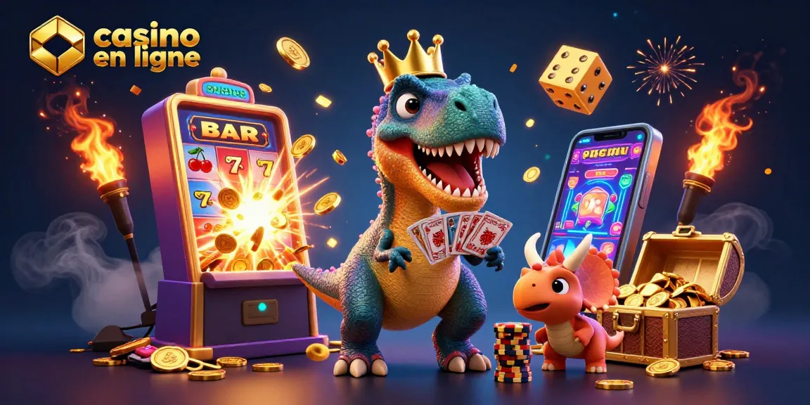Gagnez des jackpots au casino en ligne avec un T-Rex jouant aux cartes entouré de trésors