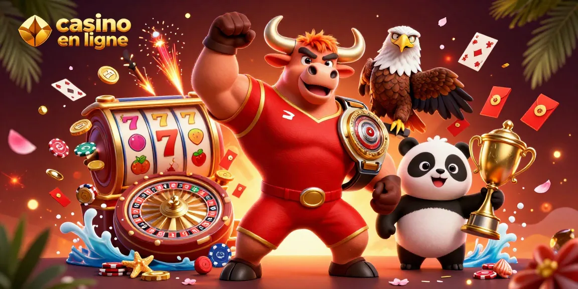 Jouez sur un casino en ligne avec un taureau musclé célébrant, un aigle et un panda entourés de rouleaux de machines à sous.
