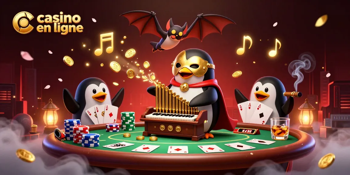 Illustration 3D représentant un casino en ligne animé avec un pingouin musicien et des éléments de poker.