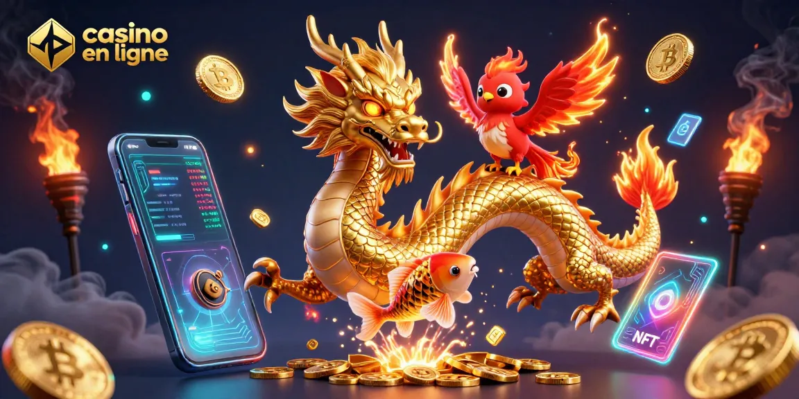 Illustration dynamique de "casino en ligne" avec un dragon doré, un phénix et un poisson chanceux.