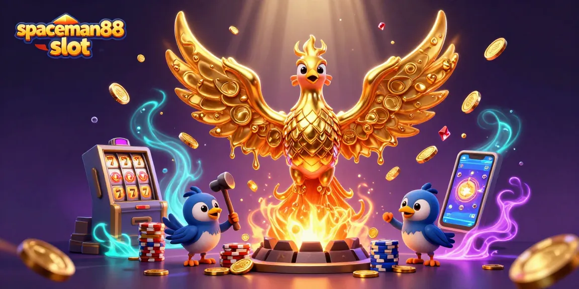 Win big with spaceman88 slot as a molten golden phoenix brings vibrant slots and poker chips to life.