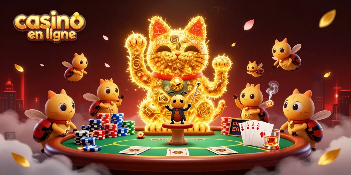 Admirez le chat porte-bonheur en feuillage doré dans un casino en ligne vibrant.