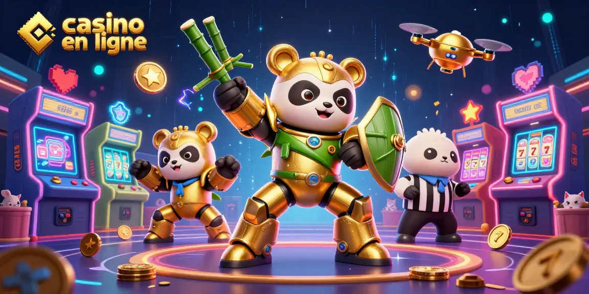 Un panda doré en costume de robot combat avec une combinaison de bambou au centre d'une scène de casino en ligne animée, entouré de jeux vidéo colorés.