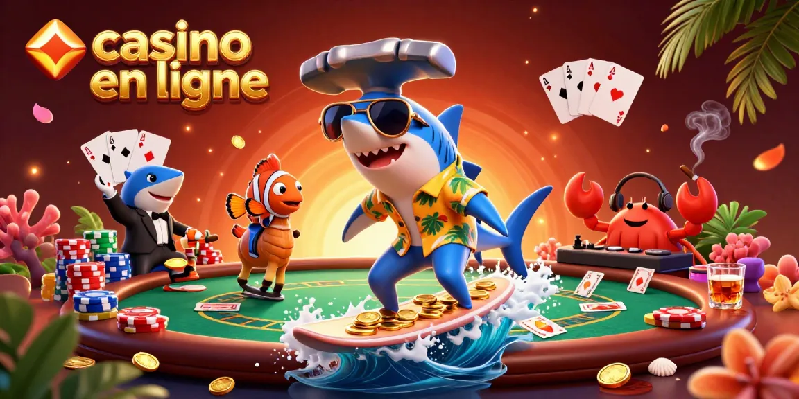 Jouez sur casino en ligne avec le requin marteau surfant sur des pièces d'or et un décor vibrant.