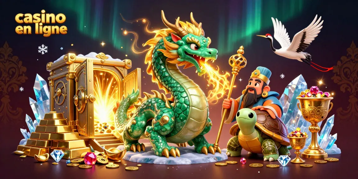 Illustration captivante d'un casino en ligne avec un dragon émeraude, une tortue sage et des grues porte-bonheur.