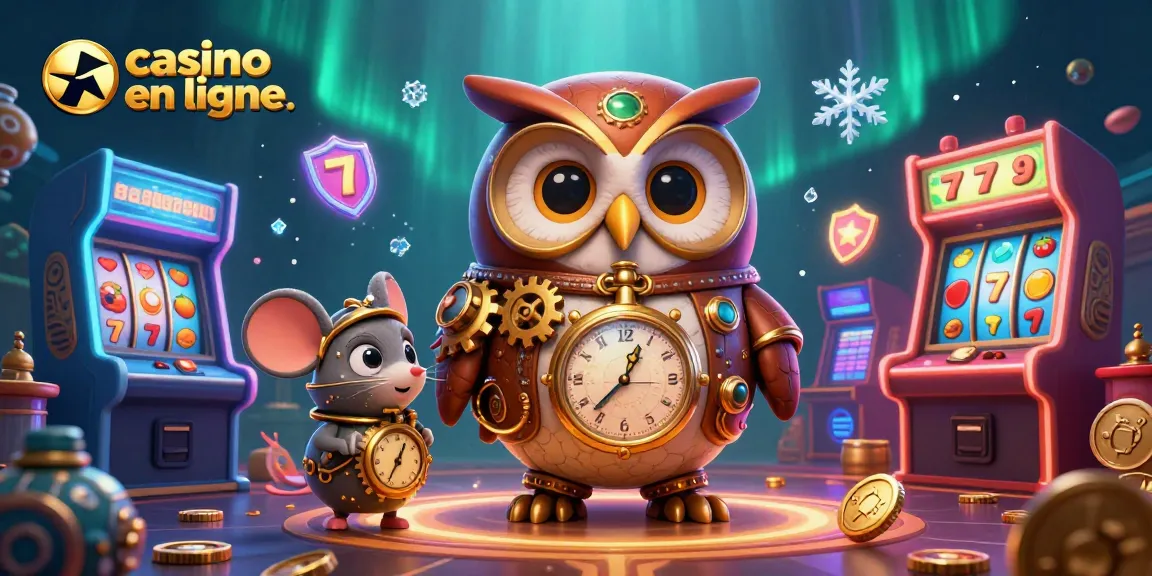 Illustration dynamique illustrant le casino en ligne avec un hibou voyageur du temps en steampunk et une souris, rempli de machines à sous et de symboles.