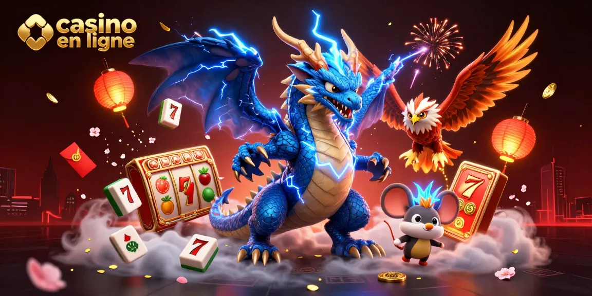 Profitez de l'excitation des jeux de casino en ligne avec un dragon électrique et des symboles chanceux.