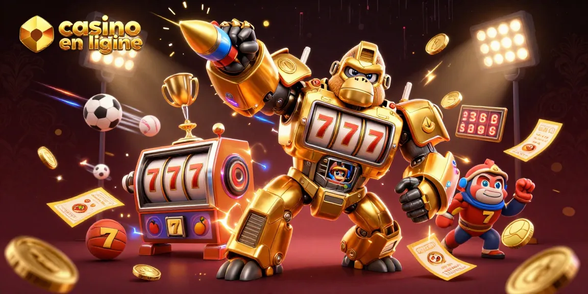 Attirez votre attention sur le casino en ligne avec un gorille mécanique doré et des éléments de jeu animés.