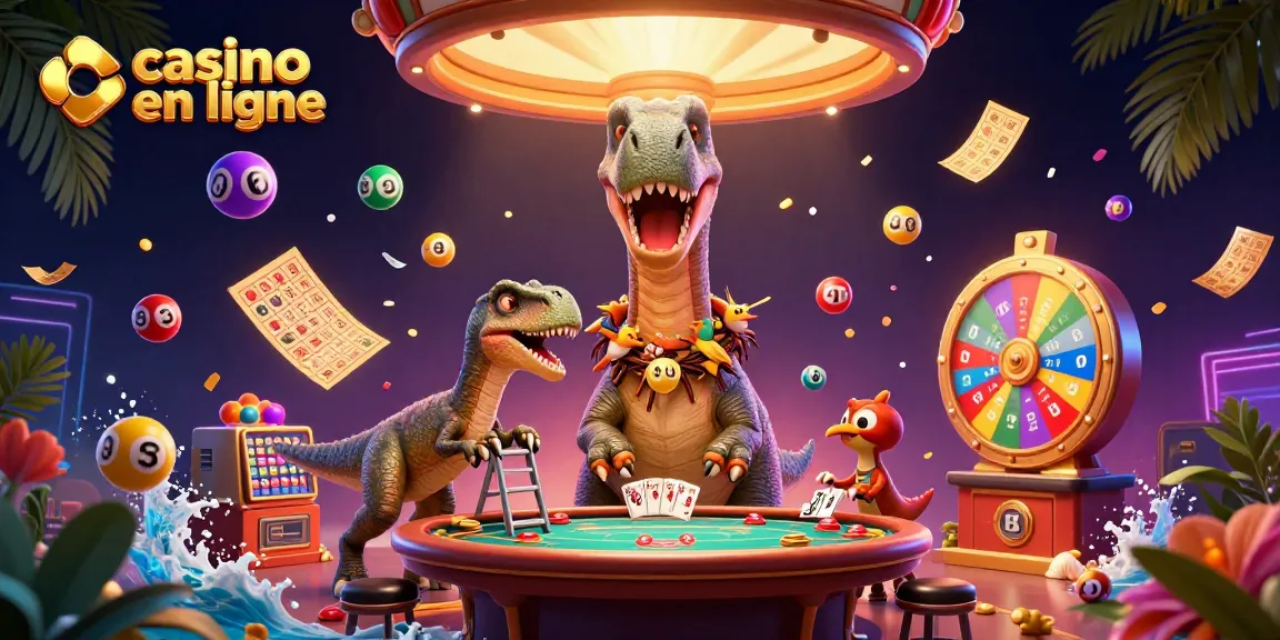 Un casino en ligne où un brontosaurus géant observe une table de poker sous un feu d'artifice de jeux.