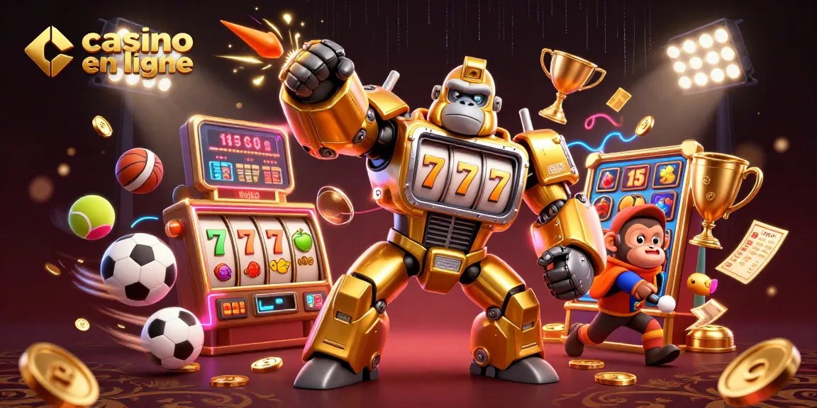 Jouez au casino en ligne avec énergie grâce à une illustration d'un gorille mech doré dynamique.