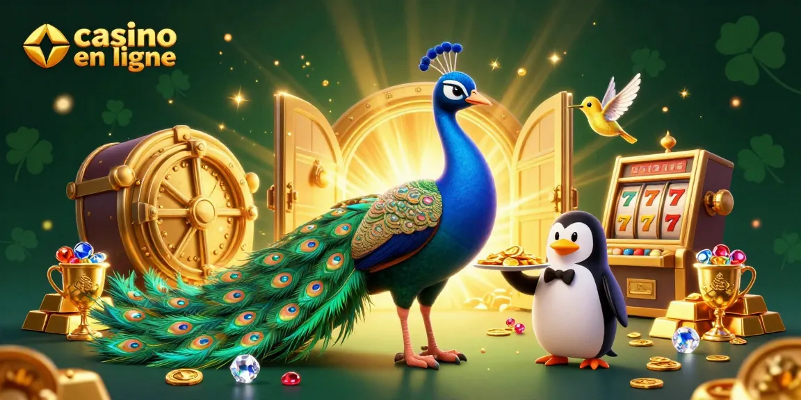 Casino en ligne : Illustration détaillée d'un paon aristocratique et un pingouin serveur au milieu des jackpots